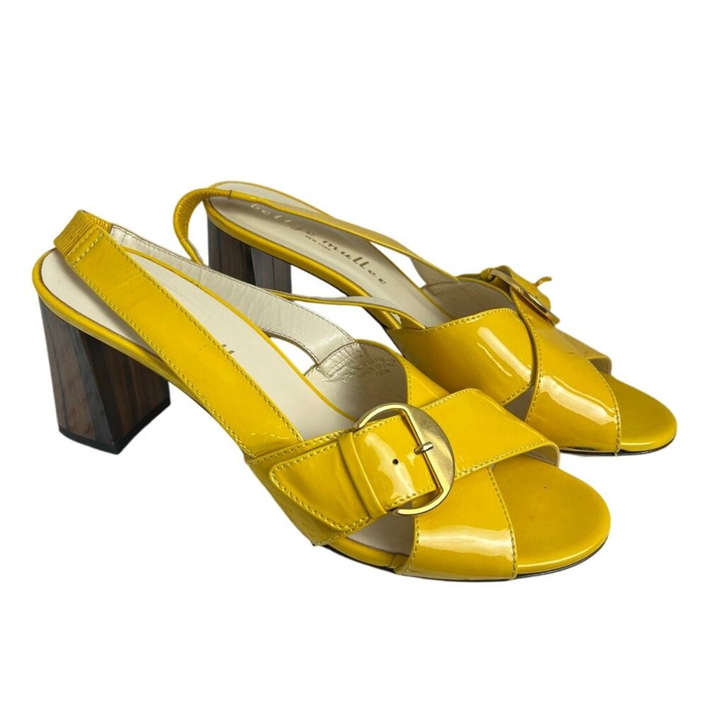 Bettye Muller Patent Yellow Gold Buckle Wooden Block Heel Sandals Size 39 9